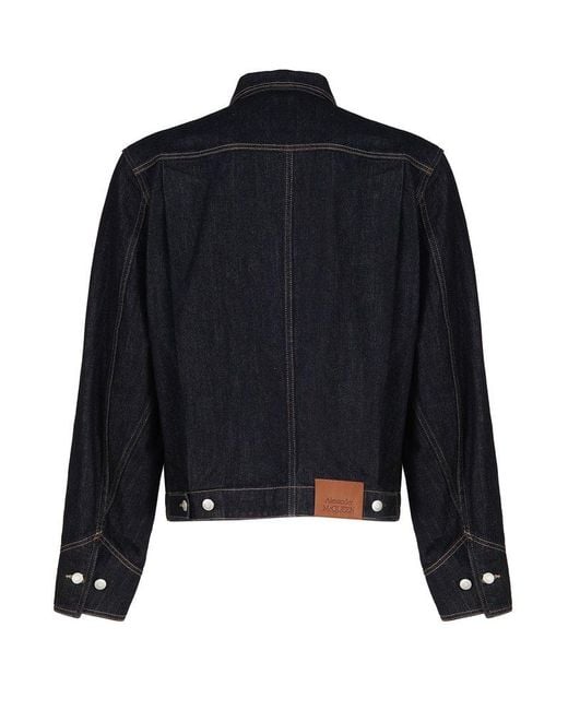 Alexander McQueen Black Pointed Flat-collared Zipped Denim Jacket for men