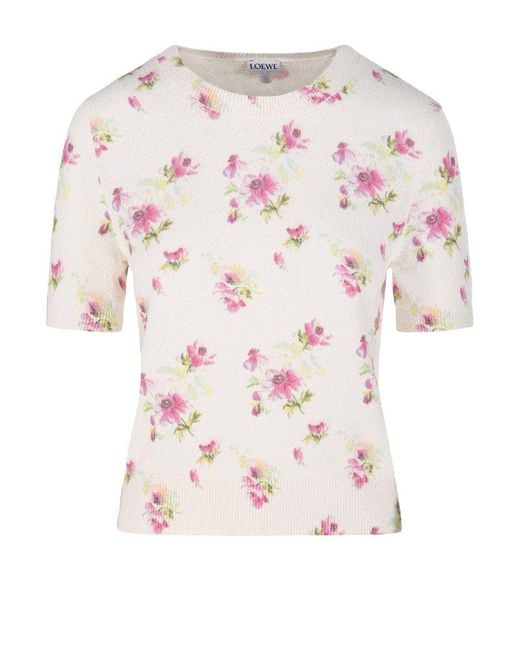 Loewe Pink Floral Print Knit Short-Sleeve Top