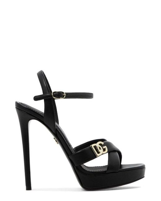 Dolce & Gabbana Black Logo Plaque Ankle Strap Sandals