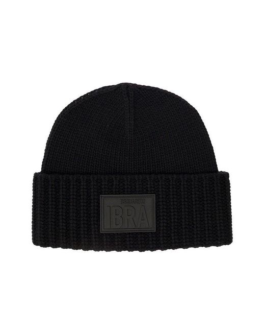 DSquared² Black Logo-patch Knit Beanie Hat for men