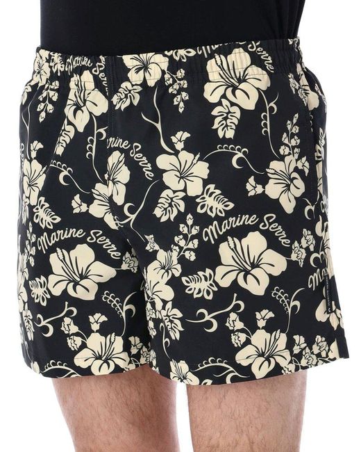 MARINE SERRE Black Floral Printed Hawaiian Beach Shorts for men