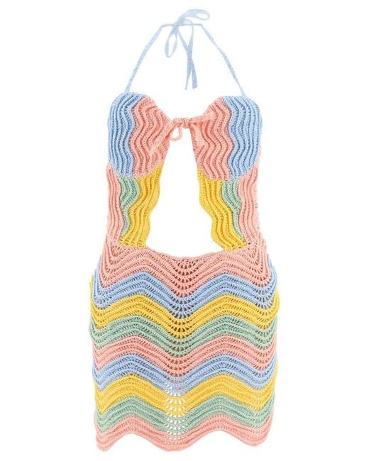 CASABLANCA White Rainbow Gradient Crochet Halterneck Mini Dress