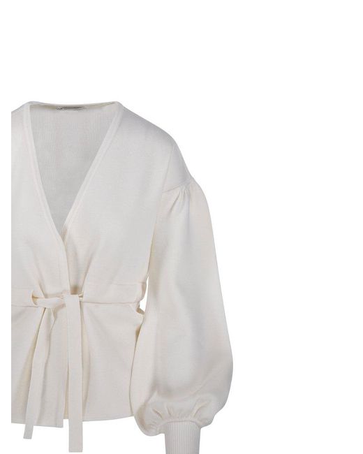 Max Mara White Tiberio V-Neck Tassel Detailed Cardigan