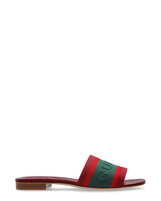 Gucci Red Slide Sandal With Web, Fabric