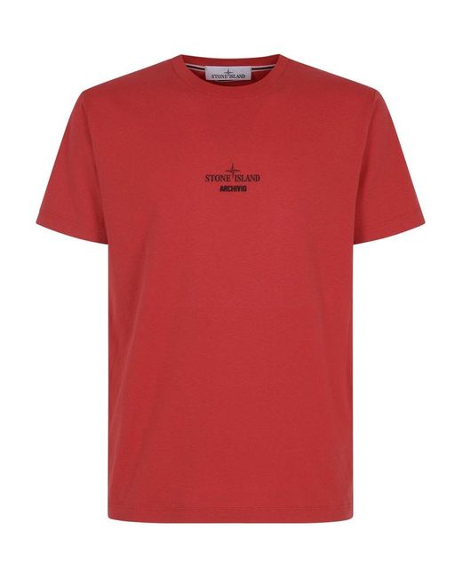 Stone Island Red Logo Detailed Crewneck T-shirt for men