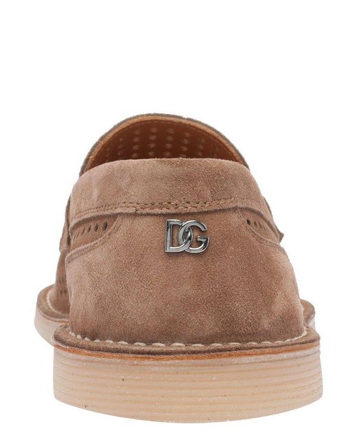 Dolce & Gabbana Brown Logo Plaque Perforated Loafers for men