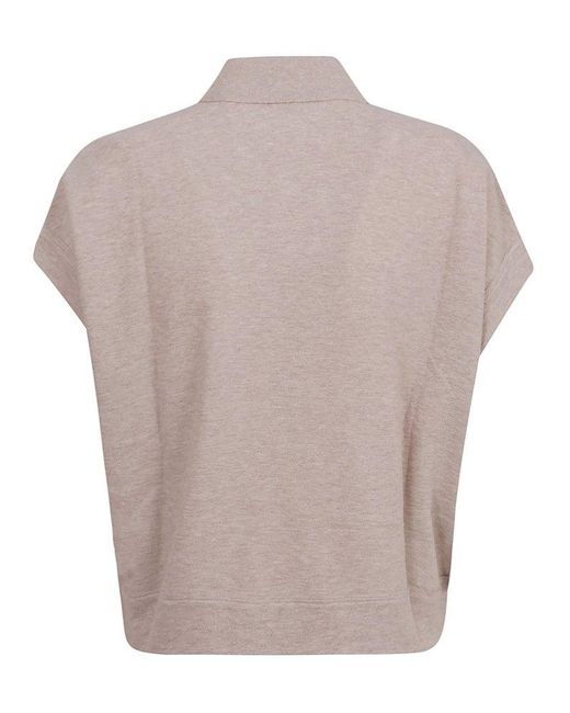 Brunello Cucinelli Natural Sequin Embellished Polo Top