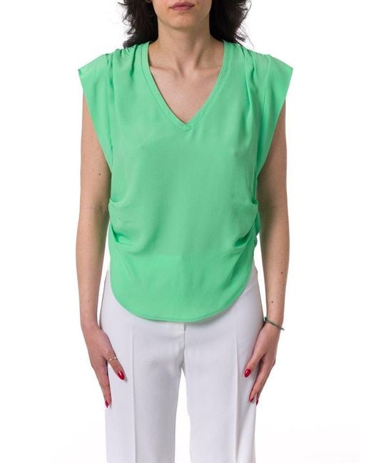 Pinko Green V-neck Curved Hem T-shirt