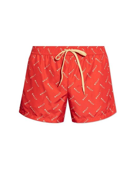 Bally Red Logo Printed Drawstring Swim Shorts for men