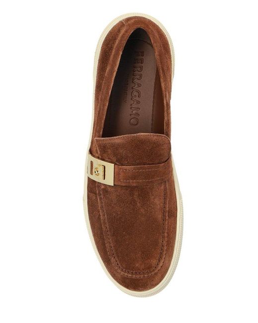 Ferragamo Brown Round-Toe Slip-On Loafers for men
