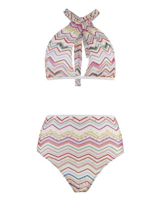 Missoni White Zigzag Pattern Halterneck Bikini Set