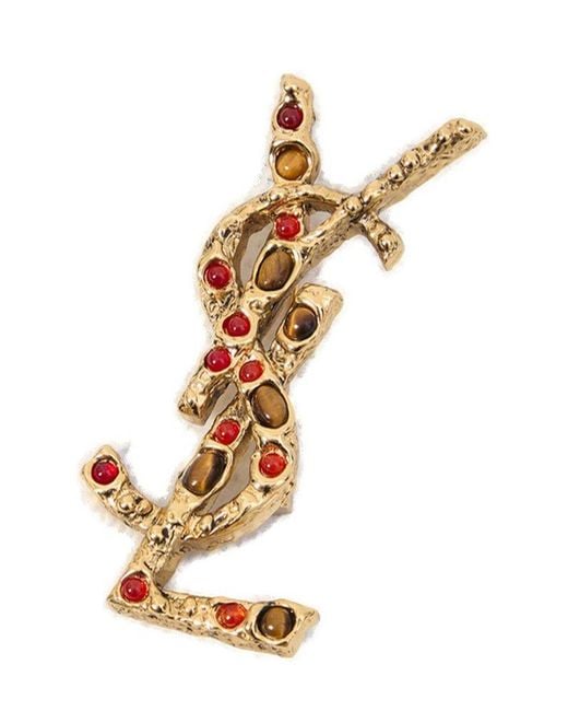 Saint Laurent Cassandre Embellished Brooch in Metallic | Lyst