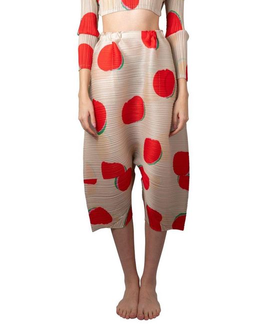 Pleats Please Issey Miyake Red Bean Dots High-waist Drop-crotch Trousers