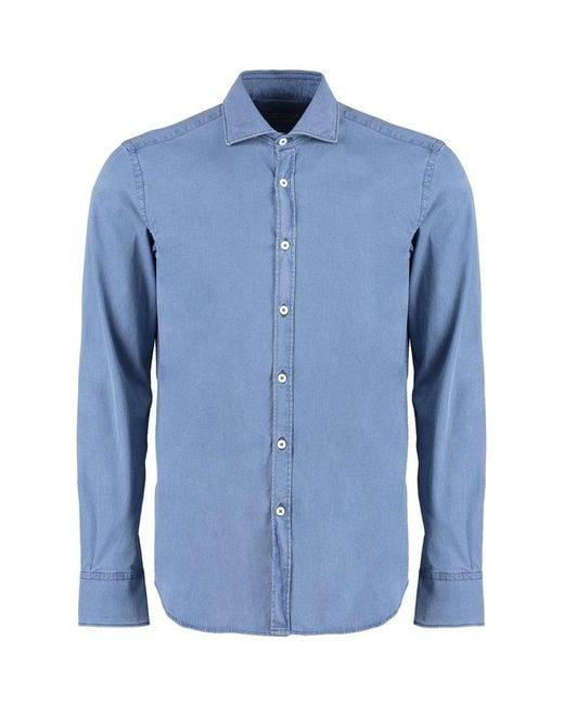 Canali Blue Curved Hem Buttoned Denim Shirt for men