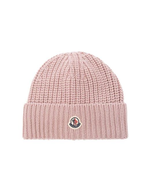 Moncler Pink Logo-patch Ribbed-knit Beanie