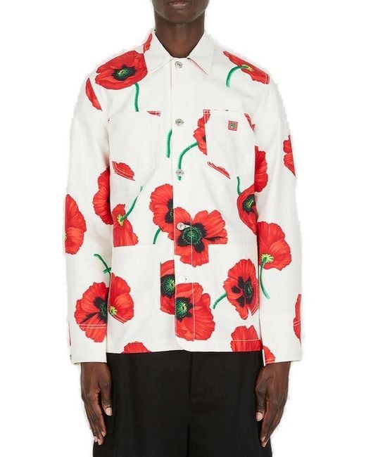 KENZO Red Floral Printed Buttoned Overshirt for men