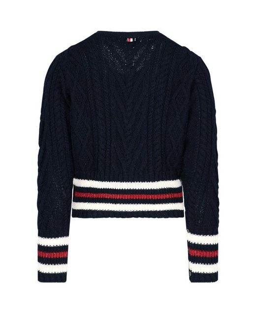 Thom Browne Blue Striped Cable Knit Cardigan for men