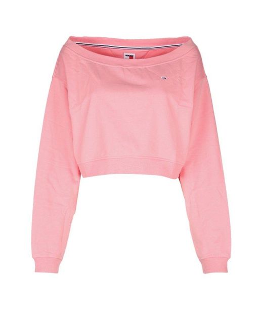 Tommy Hilfiger Pink Off-shoulder Cropped Sweatshirt