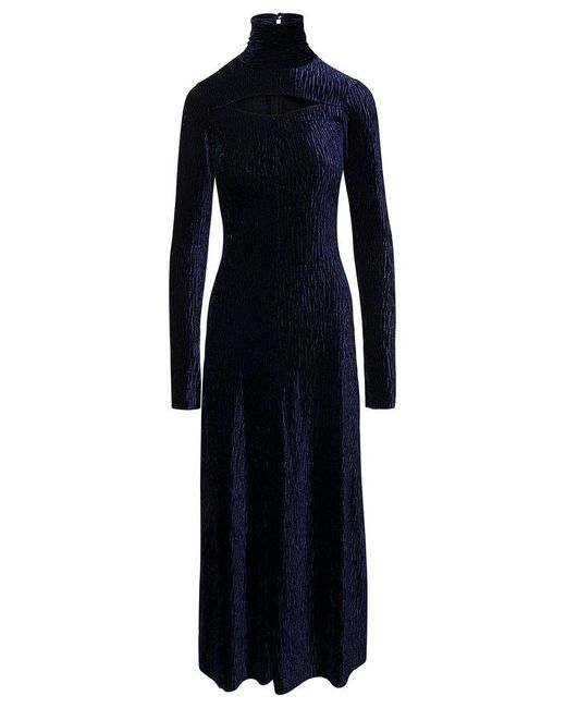 Forte Forte Blue Long E Dress With High Neck And Cut-out In Crushed Velvet