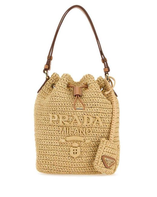 Prada Metallic Drawstring Crochet Mini Bucket Bag