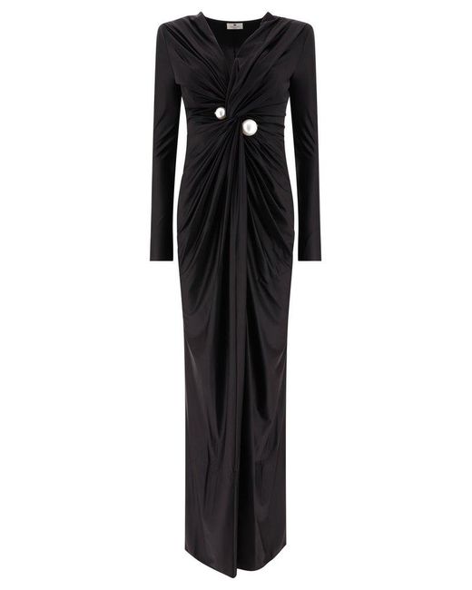 Elisabetta Franchi Black Red Carpet Dress In Lycra With Pearls