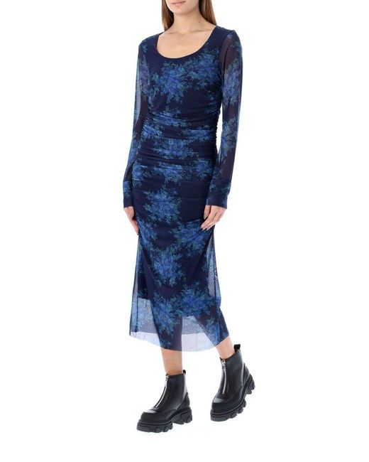 Ganni Blue Floral-print Mesh Long Dress