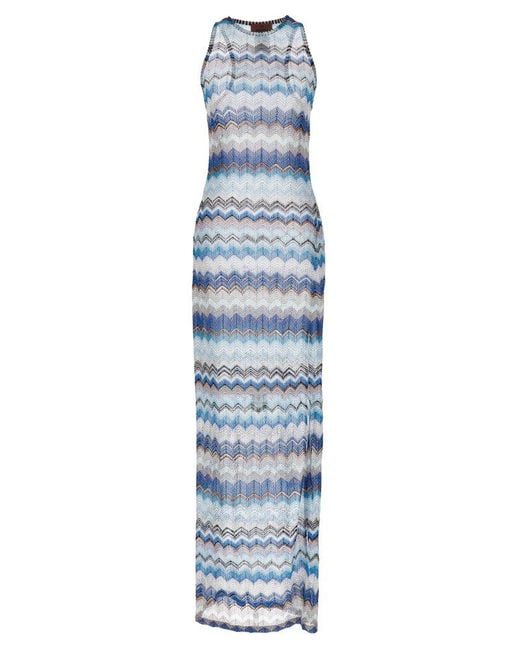 Missoni Blue Zigzag-pattern Open-knitted Sleeveless Maxi Dress