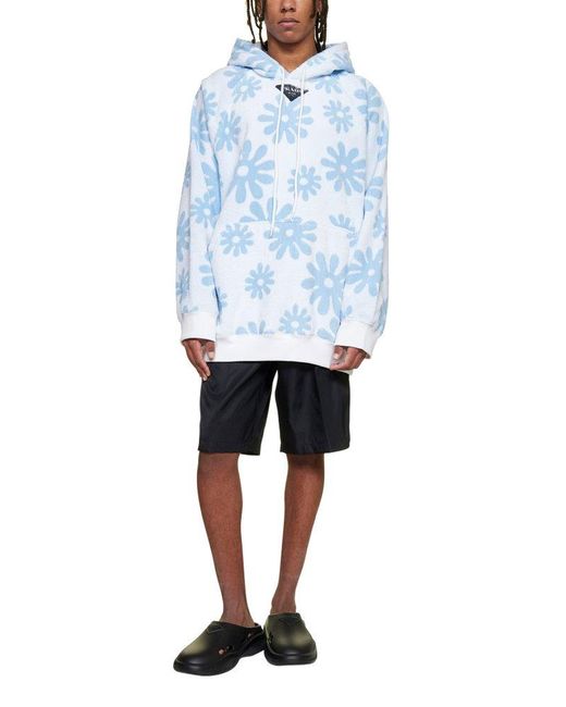 Prada Flower Print Drawstring Hoodie in Blue for Men | Lyst