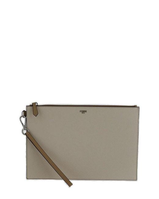 Fendi Gray Logo Plaque Zipped Pouch for men