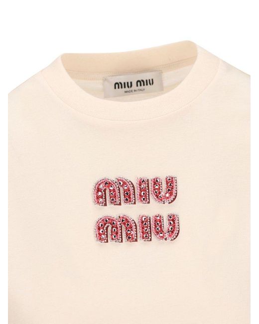 MIU MIU Logo-Embellished Crewneck Ｔシャツ Miu Miu Logo-embellished Crewneck T-shirt in White | Lyst