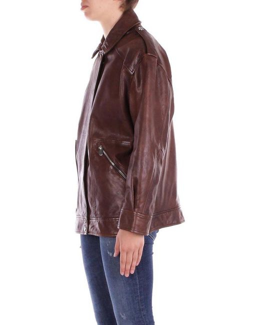Pinko Brown Press-Stud Fastened Leather Jacket