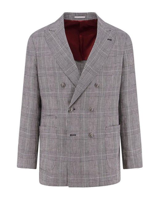 Brunello Cucinelli Gray Double-Breasted Prince Of Wales Blazer for men