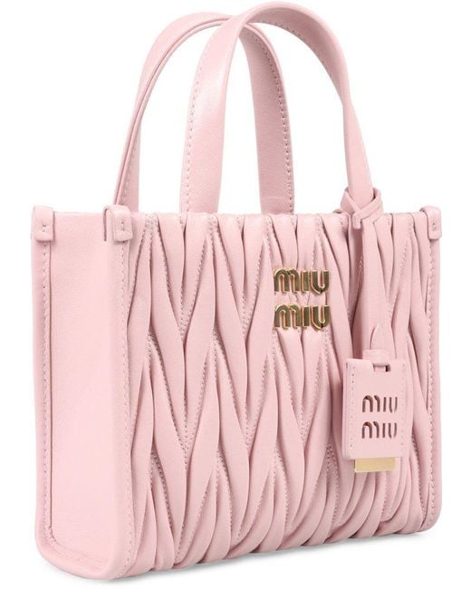 Miu Miu Matelassé Logo-lettering Mini Tote Bag in Pink | Lyst