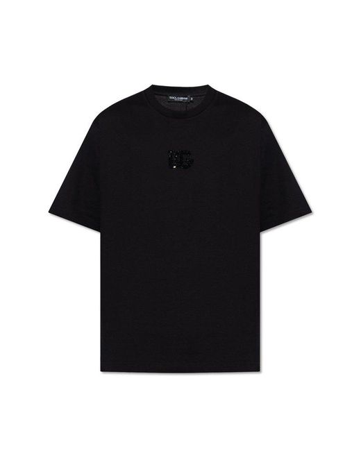 Dolce & Gabbana Black Cotton T-Shirt With Rhinestone-Detailed Dg Patch for men