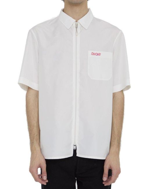 Dior White Zip-up Short-sleeved Shirt for men