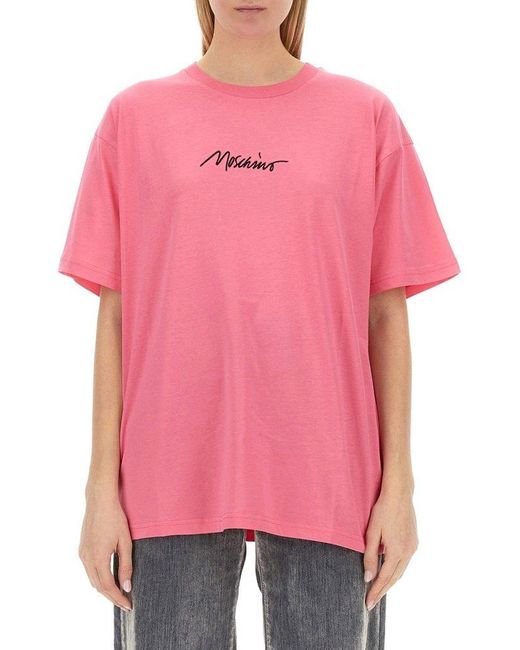 Moschino Pink Logo Printed Crewneck T-shirt