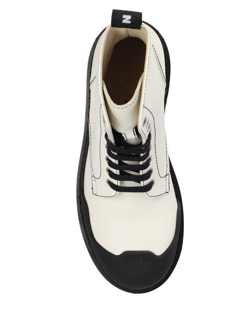 Marni White Leather Combat Boots With Logo