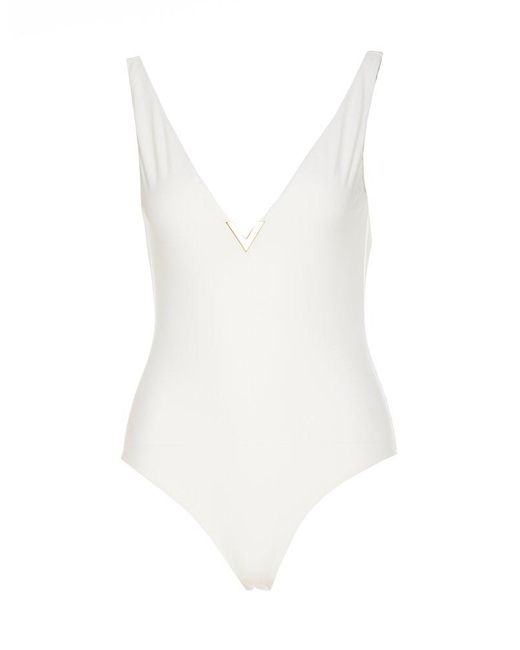 Valentino White Logo Plaque V-neck Sleeveless Swimsuit