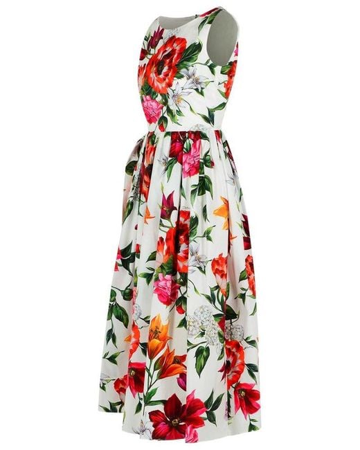Dolce & Gabbana Red Flower Printed Sleeveless Poplin Dress