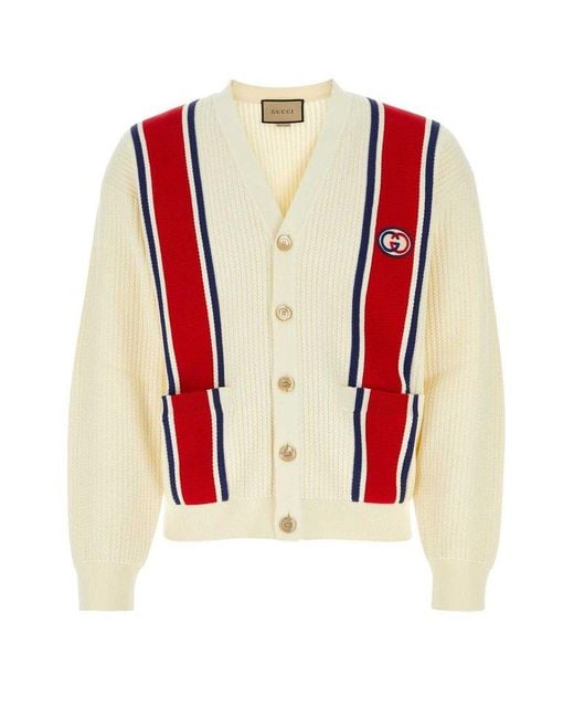 Gucci Red Logo-appliquéd Striped Ribbed Cotton Cardigan for men