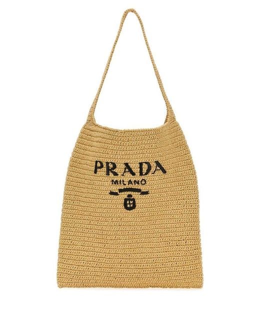 Prada Natural Logo Embellished Raffia Tote Bag