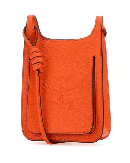 MCM Orange Mini Himmel Logo Embossed Hobo Bag