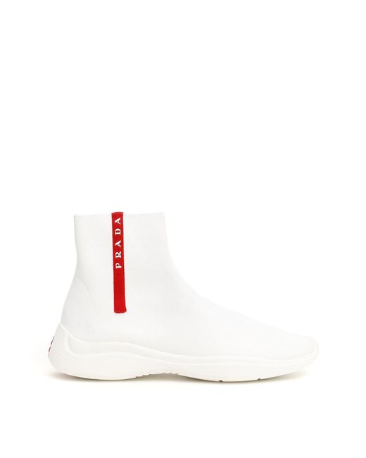 Prada Knit Fabric High-top Sneakers in White for Men | Lyst