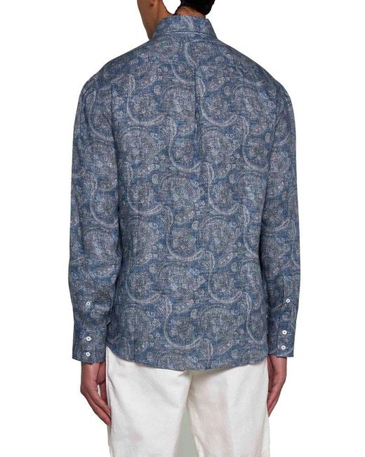 Brunello Cucinelli Blue Graphic Printed Buttoned Shirt for men