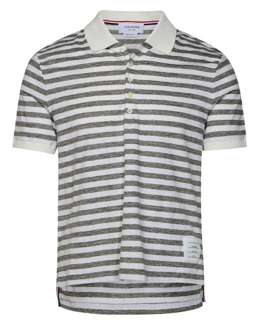 Thom Browne Gray White Linen Blend Polo Shirt for men