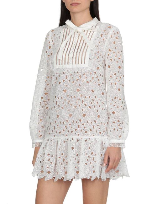 Self-Portrait Guipure Lace Bib Detail Mini Dress in White | Lyst