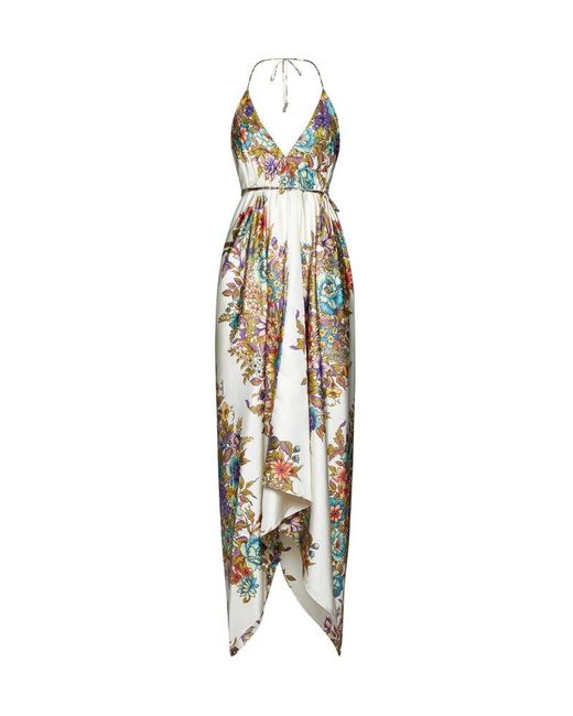 Etro Metallic Floral Print Silk Long Dress