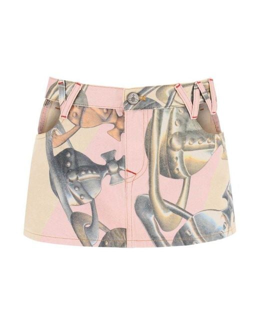 Vivienne Westwood Pink Mini Skirt In Printed Denim With Hip Cut-outs