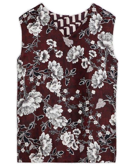Max Mara Red Floral Patterned V-Neck Top