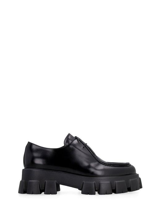 Prada Leather Lug Sole Almond Toe Lace-up Shoes in Black | Lyst UK
